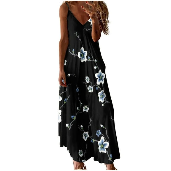 USSUMA Summer Dresses for Women 2022, Women's Summer Floral Printed Bohemian Spaghetti Strap Long Maxi Dress V Neck Sleeveless Casual Beach Vacation Sundresses