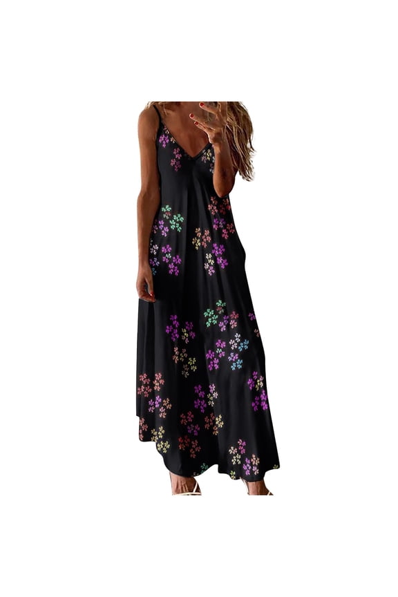 USSUMA Beach Dresses for Women Casual Summer Flowy Spaghetti Strap Maxi Long Sun Dress Daisy Print Sleeveless Plus Sundresses V Neck Vacation Dress Wedding Guest