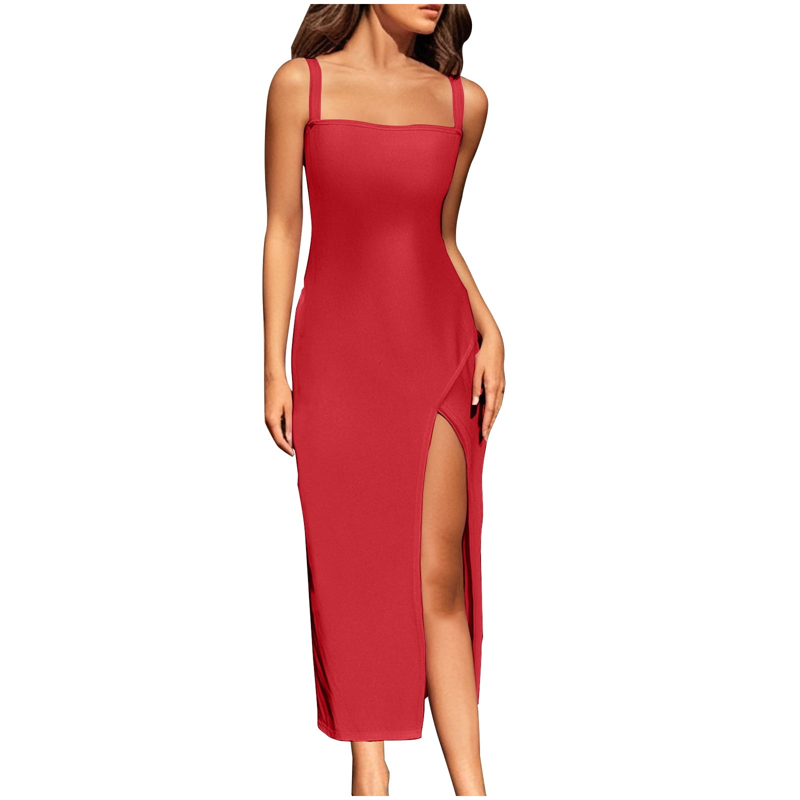 Sexy Maxi Dress for Women Spaghetti Strap Split Thigh Bodycon Long Dress  Sleeveless Tight Fit Party Clubwear - Walmart.com