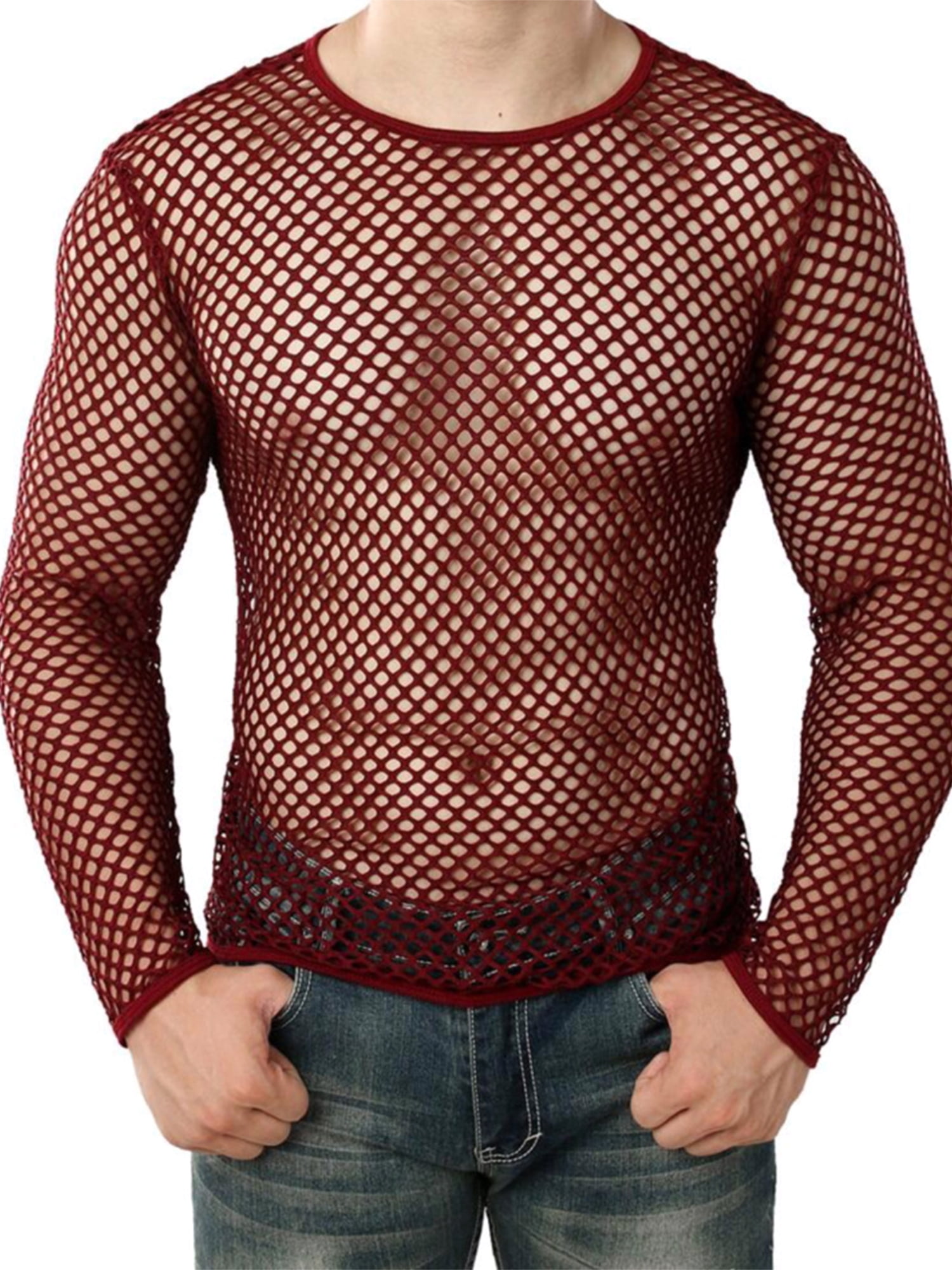 Sexy Men Fishnet Hollow-Out T-Shirt Mesh Long Sleeve Muscle See-Through Tops  