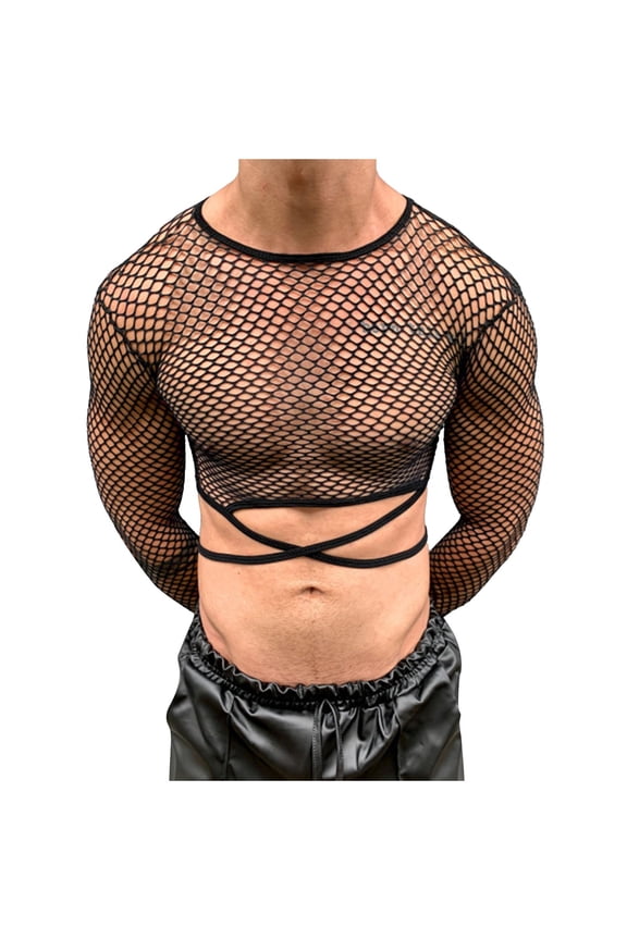 Men's T-Shirt Mesh Fishnet Cropped Long Sleeve Undershirts Muscle Slim Fit Tees Net Party Undershirt Tops For Men (M, Black)