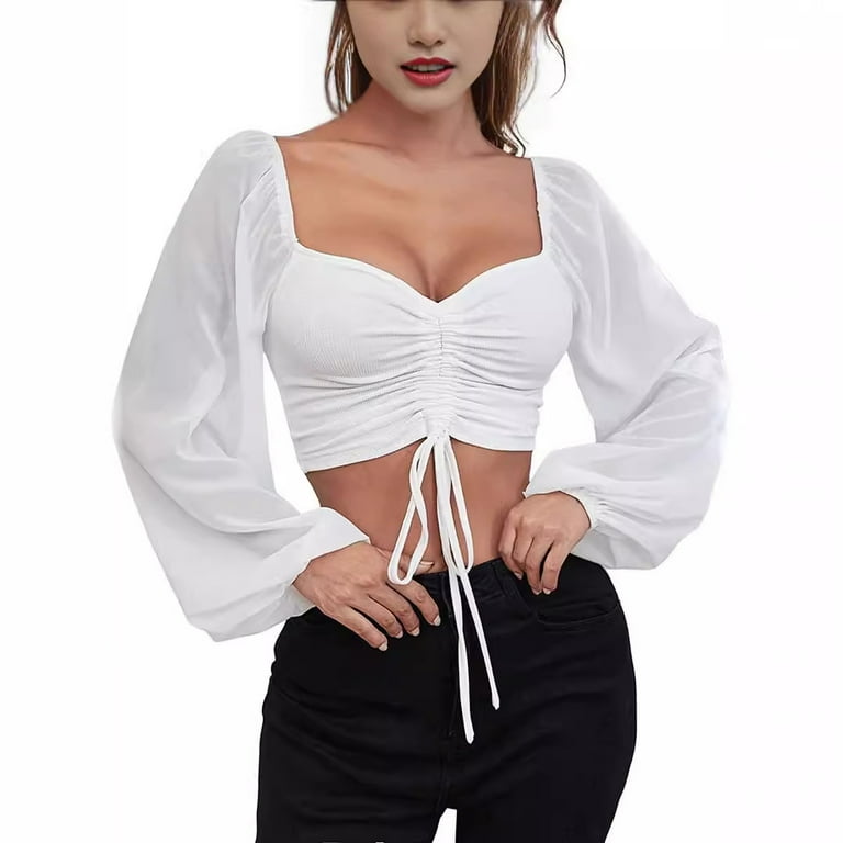 Sexy Mesh Lantern Sleeves Drawstring Wrap Chest Bare Midriff T Shirt Women  Long Sleeves Bottoming - Walmart.com