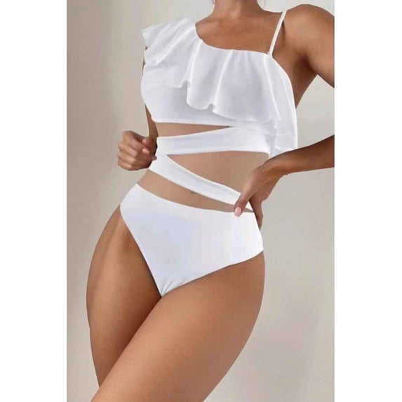 Sexy Mesh Patched One Shoulder Monokini Swimsuit (L, Black)