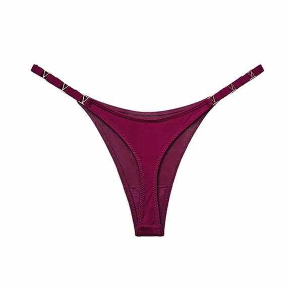 Sexy Metal Letter Buckle Splicing Thong Women Girl Satin Underwear Lingerie Seamless Panties High Fork Briefs S WINE RED