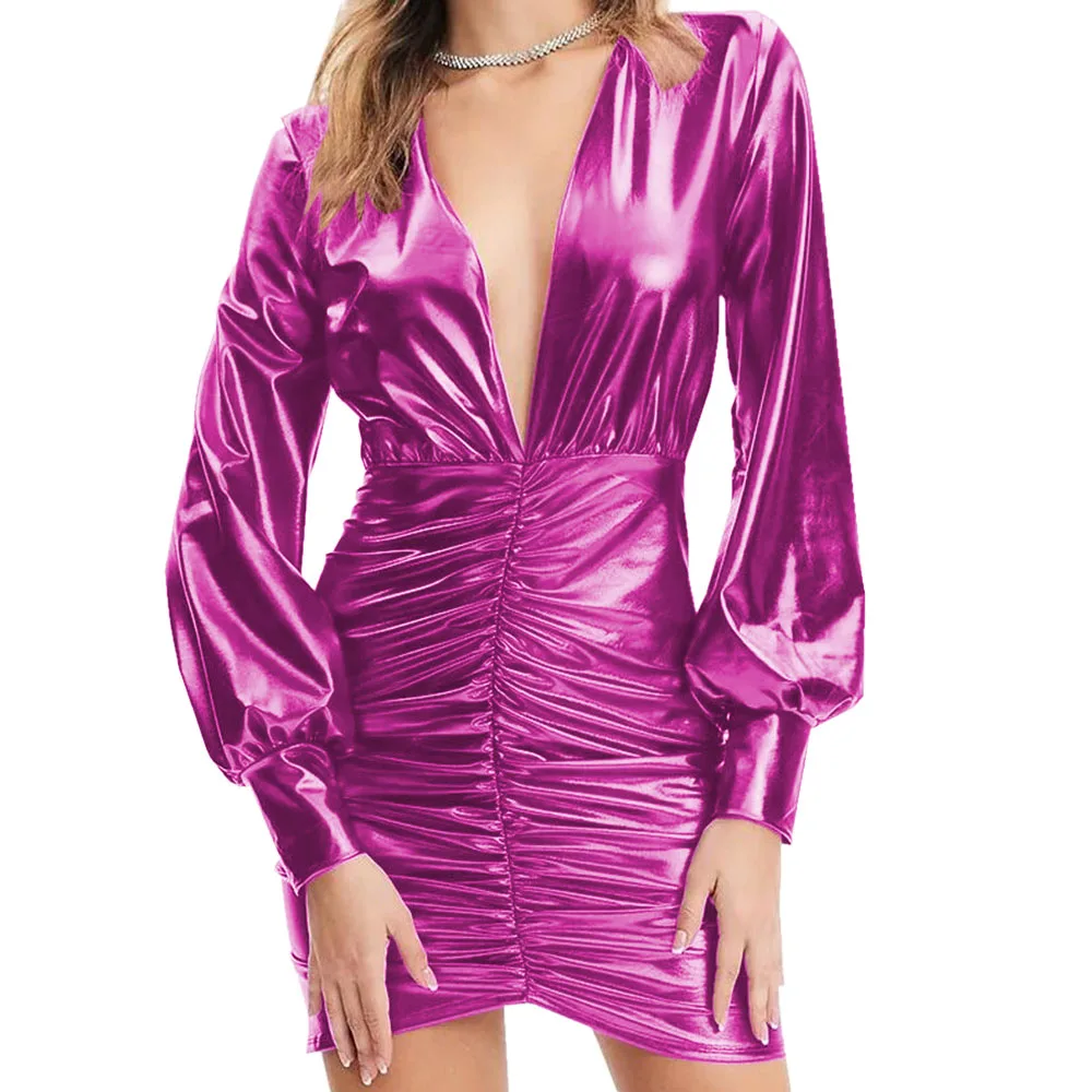 Sexy Mini Dress Plunging Neckline Shiny Metallic Elegant Long Lantern ...