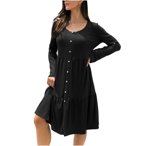 Sexy Mini Shirt Dress for Women -Casual Loose Button Down Skater Dresses Long Sleeve Round Neck Tunic TShirts