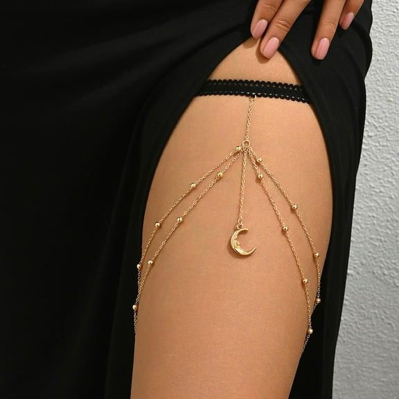 Sexy Moon Thigh Chain Silver Tassel Crescent Moon Pendant Elastic Beads Layered Leg Harness Body Chain Boho Bikini Party Body Chain Beach Hottie Leg Chain Jewelry for Women