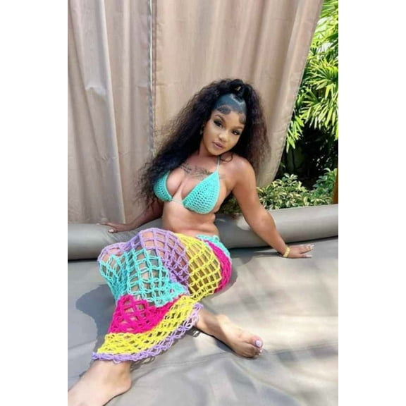 Sexy Multicolor CrochetKnit Bikini Three Piece Swimwear (XL, LightBlue)