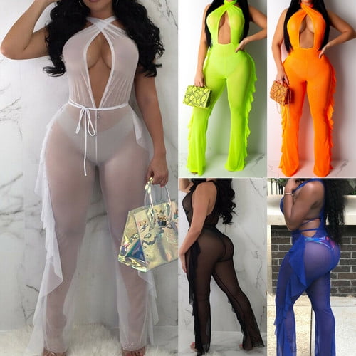 Sexy New Women Summer Bikini Cover Up Sexy Ruffle Solid Color Sheer Jumpsuit Ladies Beach Romper Playsuit White Size L
