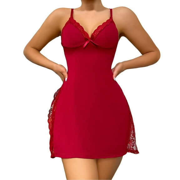 Night Gowns for Adult Women Lace Strappy Side Split V Neck Sleep Dress Red L
