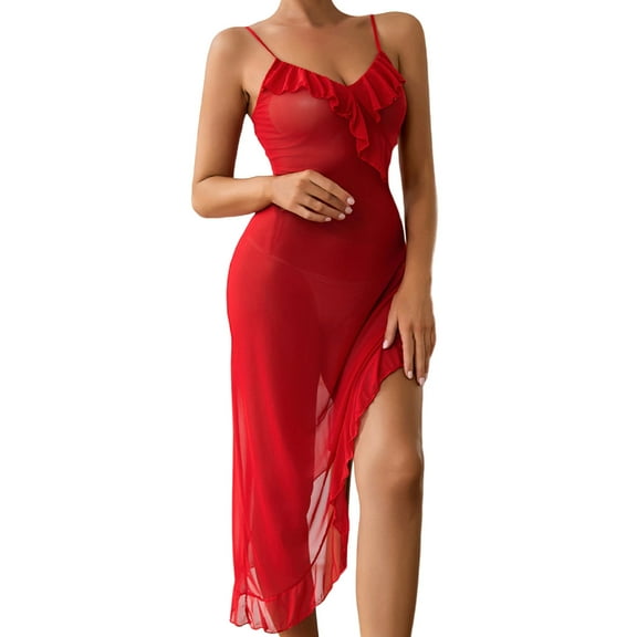 Night Gowns for Adult Women Mesh Pajamas Suspender Pajamas Home Clothing Sleep Dress Red S