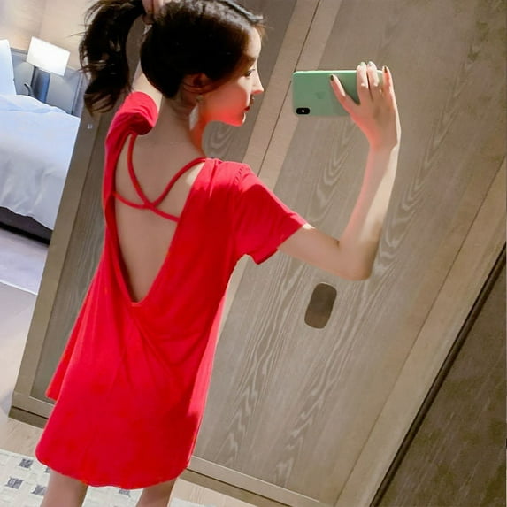 Sexy Nightgown for Women, Modal Crisscross Pajamas Backless Sleepwear Women Short Sleeve Sleep Shirt/Dress Round Neck Soft Nightshirts Plus Size