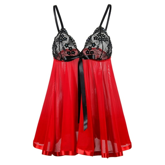 Nightgowns for Women Lace Bow Pajamas Sleep Dress Red 2XL