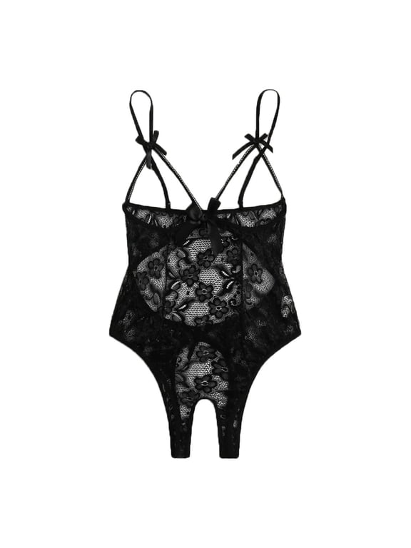 Sexy Nightwear For Women Women Bow Lace Hollow Open Crotch Teddy Bodysuit Backless Jumpsuit Lingerie, Women's Intimates S