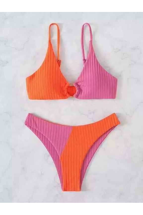 Sexy O Ring Bikini Women Push Up Swimsuit Rib Bikinis Set Coffee Color High Cut Swimwear Cheeky Bathing Two Piece Swim Suit Spaghetti Straps Brazilian Biquinis