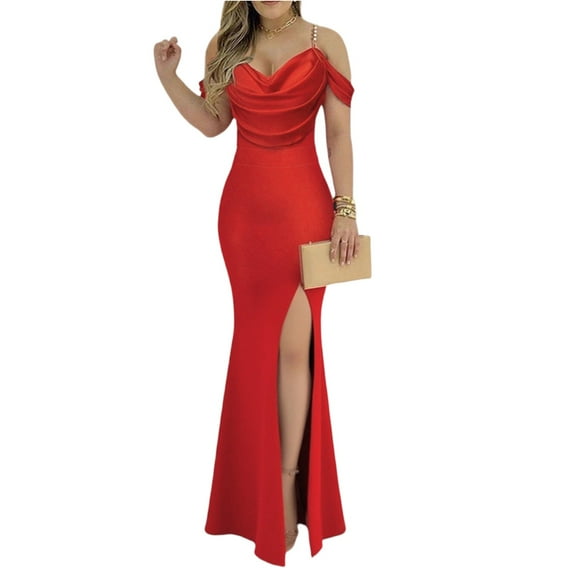 Sexy Off Shoulder Pearl Chain Suspender Dress Elegant Split Draped Solid Gowns Dress Women's Fashion Hight Waist Slim Long Dress