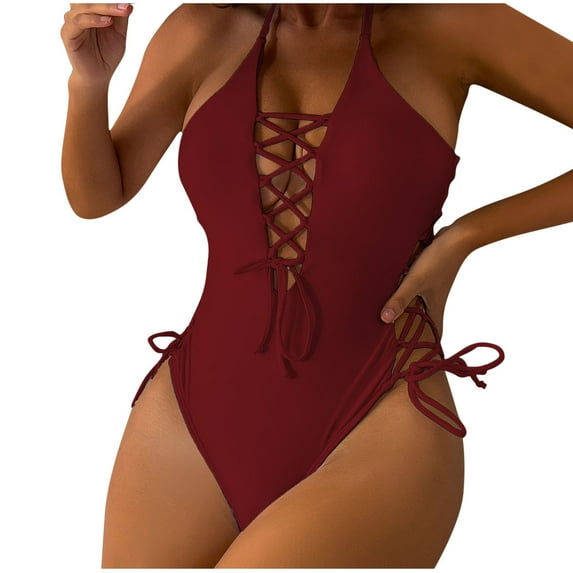 Sexy One Piece Swimsuits for Women V Neck Bathing Suit Front Side Drawsting Knot Backless Swimwear