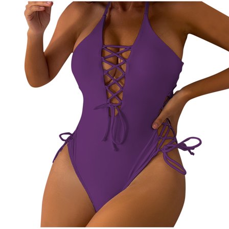 Sexy One Piece Swimsuits for Women V Neck Bathing Suit Front Side Drawsting Knot Backless Swimwear