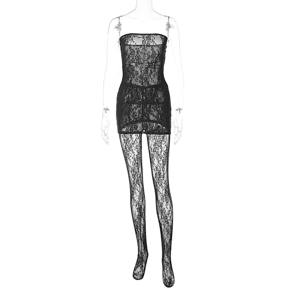 Sexy Outfits for Women Clubwear Lace Tube Mini Dress Top with Stockings Set Birthday Outfits-S