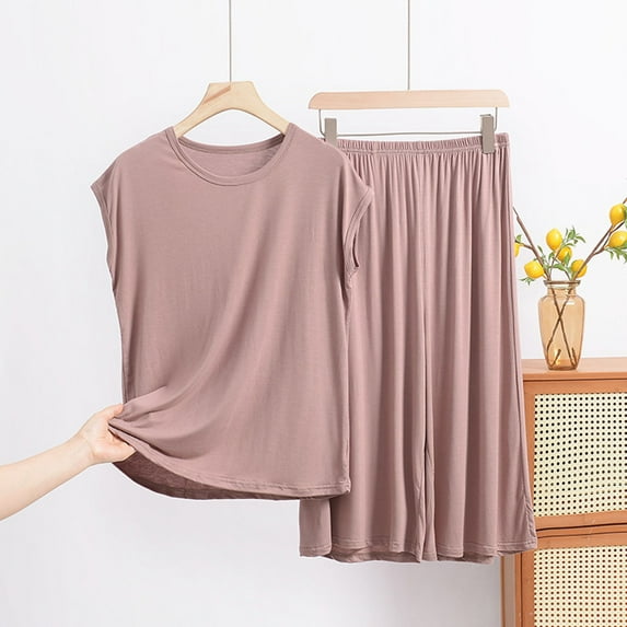 Sexy Pajama Set for Women Plus Size Solid Color Comfortable Pajama Sets with Pants Casual Crew Neck Short Sleeve Sleepwear Summer Pajamas
