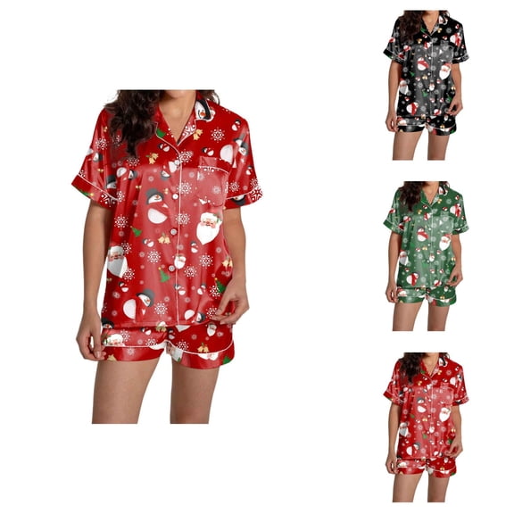 Sexy Pajama Sets – 2 Piece Lounge Sets for Women & Sleepwear Women's Casual Christmas Print Pajama Set Silk Satin Short Sleeve Button Up Top And Shorts Set