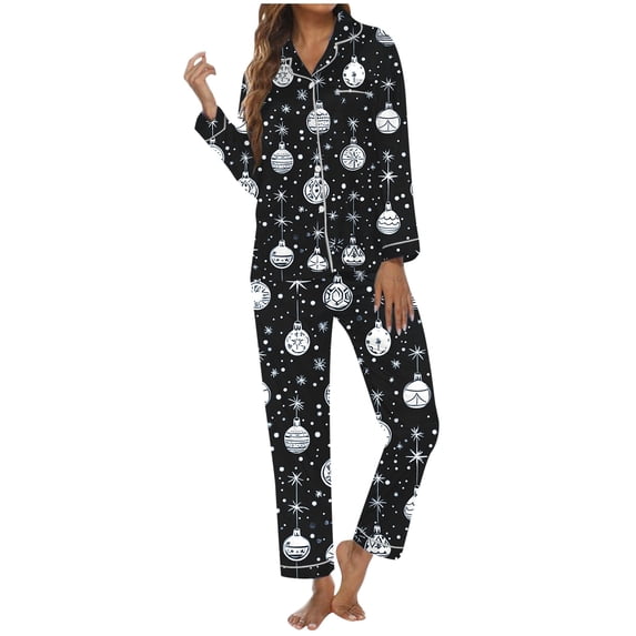 Sexy Pajama Sets – Satin Nightgowns, Comfortable Sleepwear for Women Women's Christmas Christmas Printed Button Pocket Long Sleeve Trousers Home Pajama Set