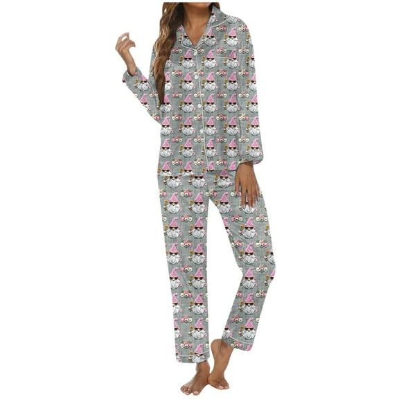 Sexy Pajama Sets – Satin Pajamas for Women Set & Lounge Sets Women's Christmas Printed Button Pocket Long Sleeved Pants Home Sleepwear Set