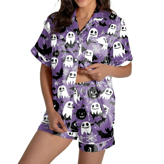 Sexy Pajama Sets for Women – Satin Sleepwear Set, Comfortable Lounge Sets for Night Comfortable Women Pajama Sets For Halloween Stylish Round Neck Design With Decorative Pattern For Fall