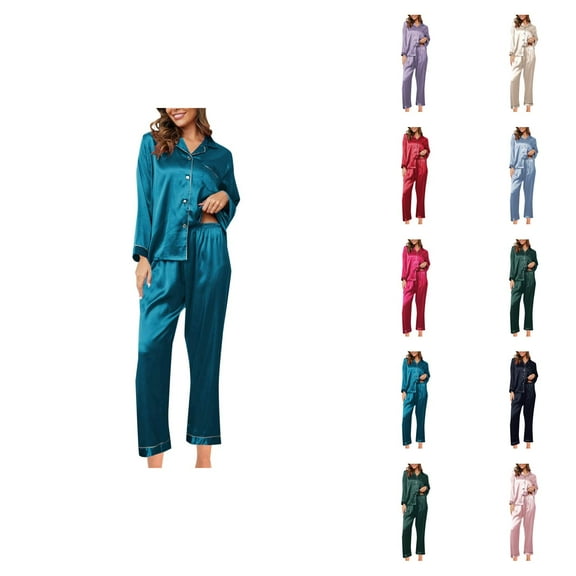 Sexy Pajamas for Women – Satin Lounge Set Women's Fashionable Pajama Set Silk Pajamas 2 Piece Satin Pajama Set Long Sleeve Button Down Casual Suit With Pants
