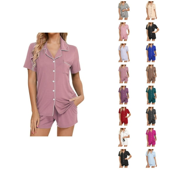 Sexy Pajamas for Women – Satin Lounge Set Womens Pajamas Set Short Sleeve Sleepwear Button Down Nightwear Shorts Soft Home Wear Sets