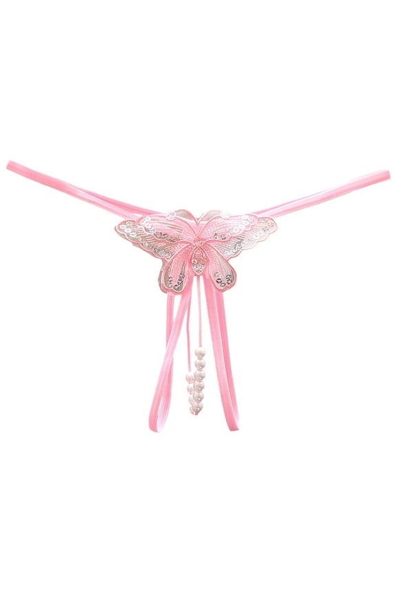 Panties for Women Pink Lace Thongs Pearl Underwear for Women Naughty Panties One Size