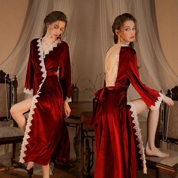 Sexy Patchwork Back Cutout Lace Bathrobe Pink Velvet Long Wedding Robe Nightgown Nightdress Autumn Women Sleepwear Home Dress (Burgundy,XL)