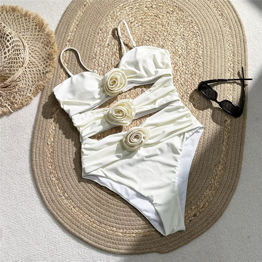 Sexy Pink 3D Flower Swimwear Woman One Piece Swimsuits Female Cut Out Monokini Bathing Swimming