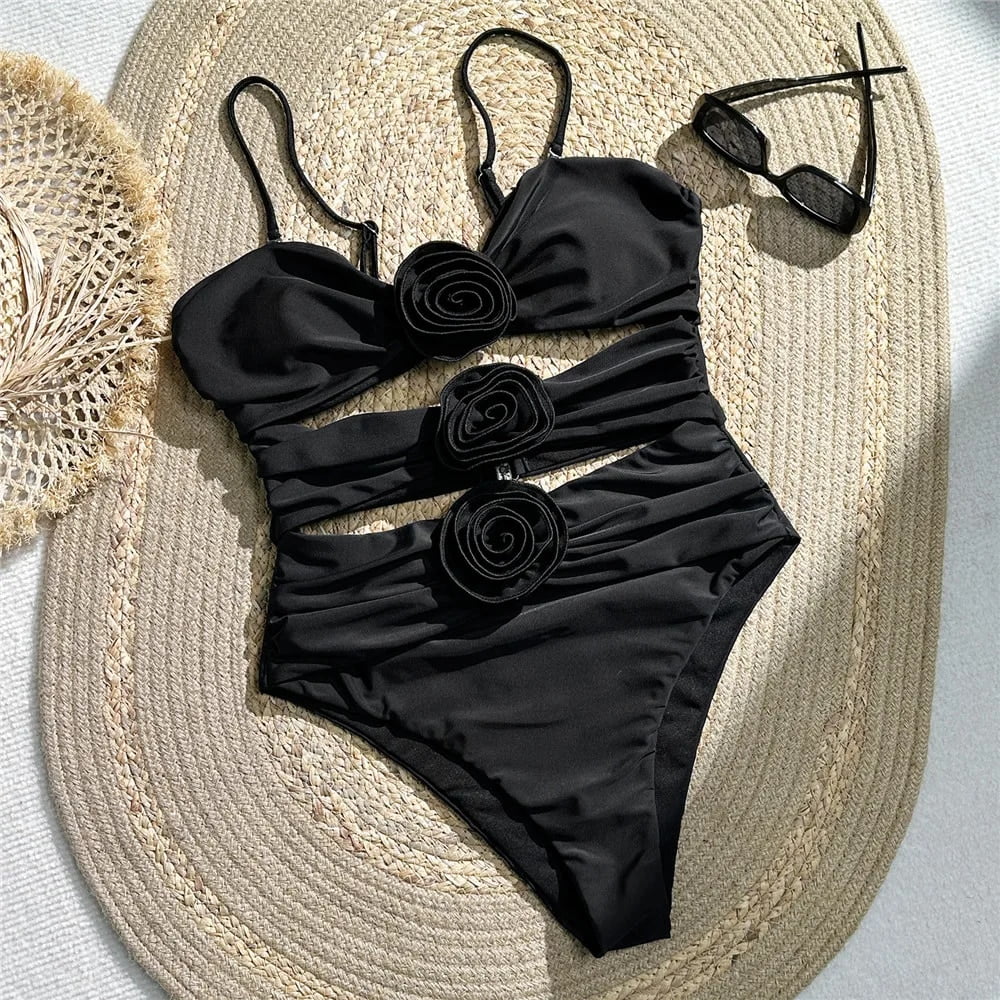 Sexy Pink 3D Flower Swimwear Woman One Piece Swimsuits Female Cut Out Monokini Bathing Swimming