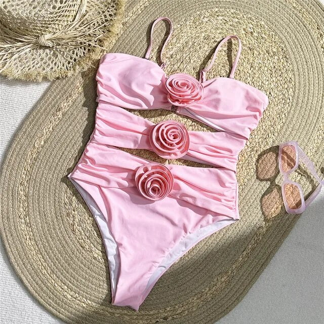 Sexy Pink 3D Flower Swimwear Woman One Piece Swimsuits Female Cut Out yeningni Bathing Swimming