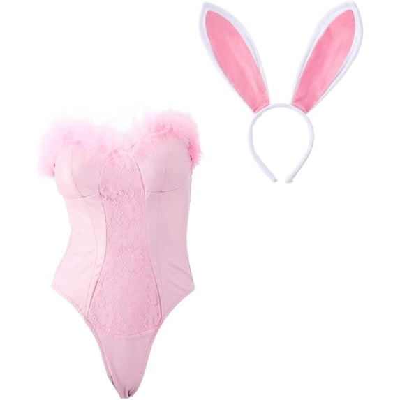 Sexy Pink Bunny Bodysuit with Ear Headband Halloween Outfit