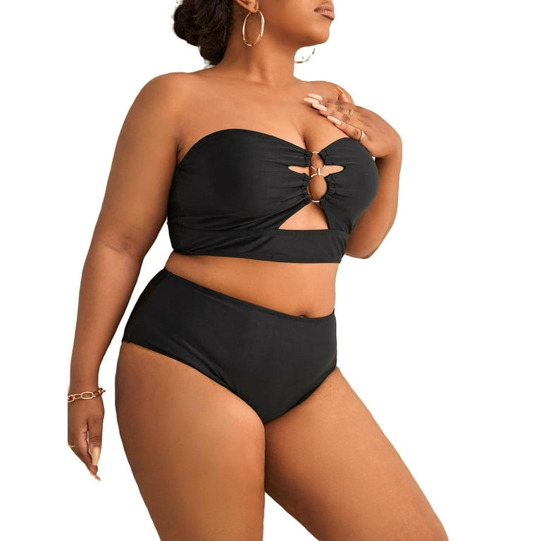 Sexy Plus Size, Large Bust Black Plus Size Bikini Set, Bandeau Bikini Top,  High Waist Bottom, Bikini for Busty Women, Plus Size Swimsuit -  Israel
