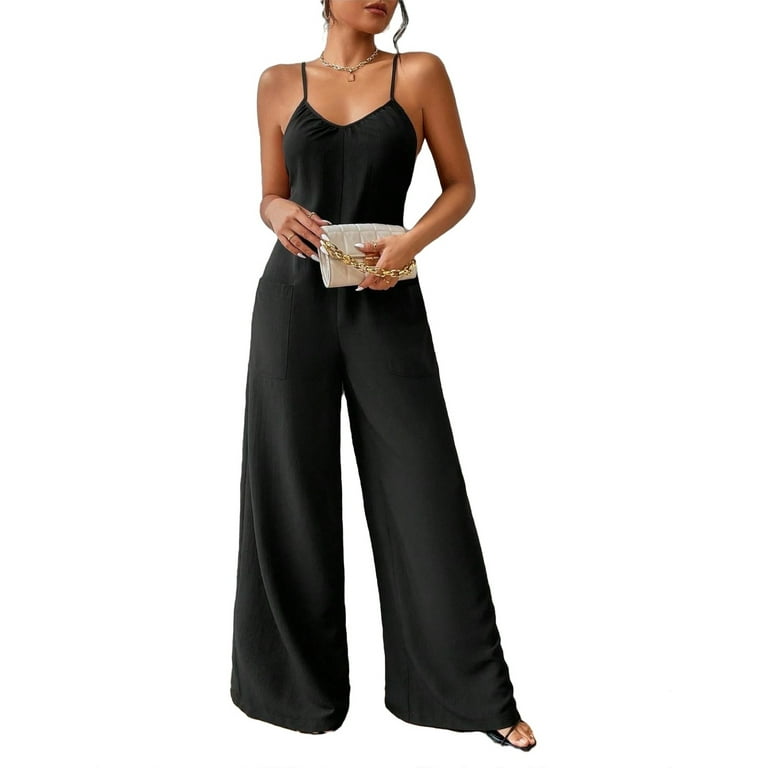 Sexy Plain Cami Jumpsuit Black Women Jumpsuits