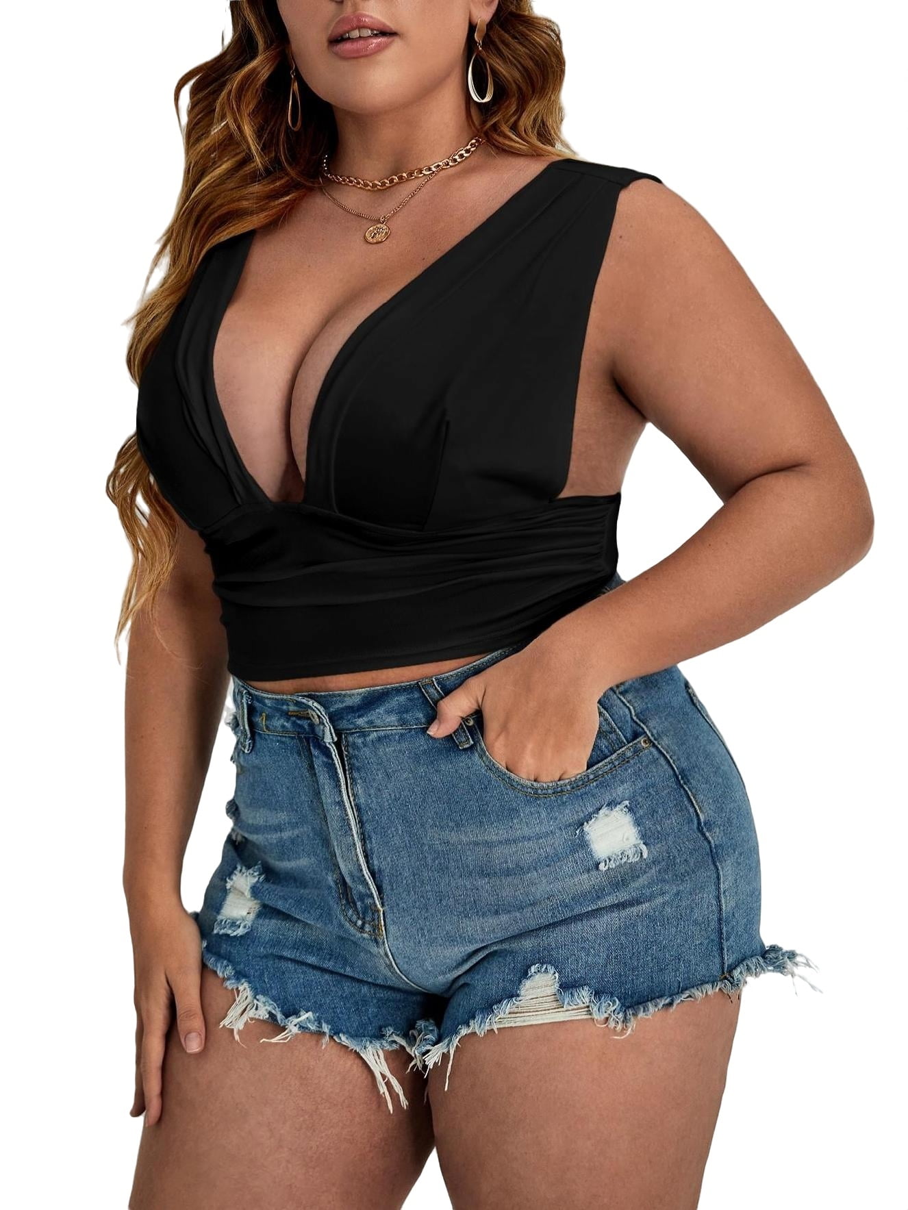 Sexy Plain Deep V Neck Tank Black Plus Size Tank Tops & Camis (Women's) 