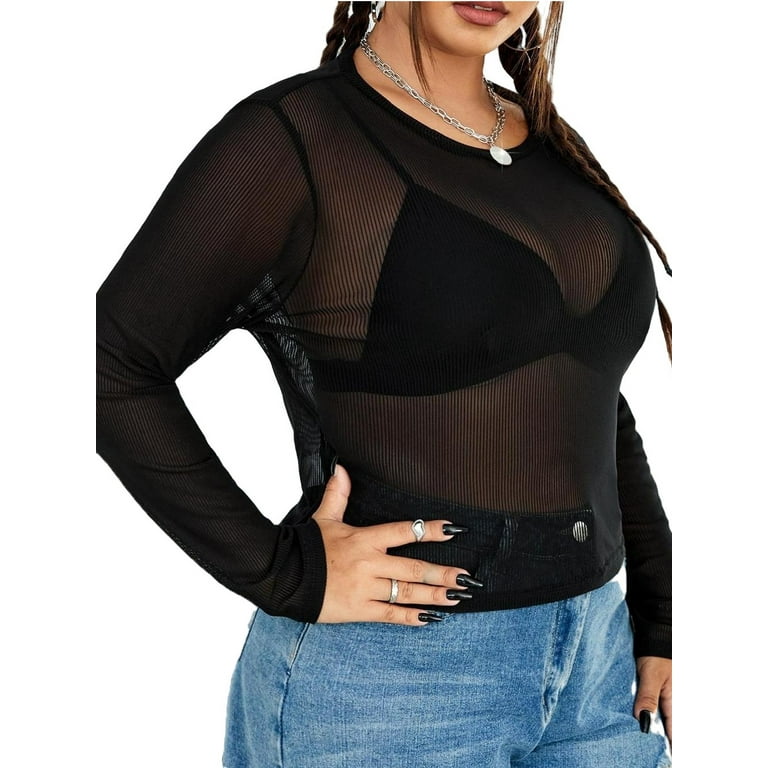 Sexy Plain Round Neck Mesh Top Without Bra Long Sleeve Black Plus Size  Women Tops (Women's)