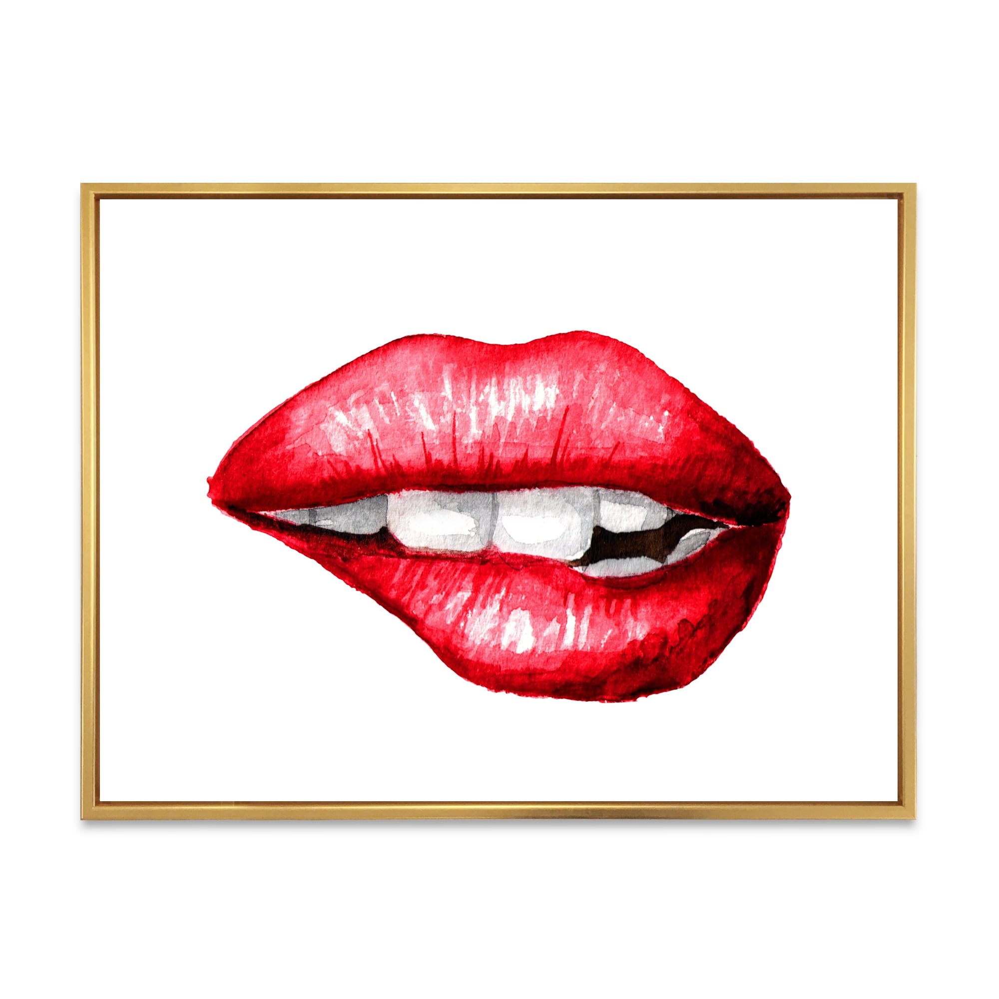 Sexy Plump Puffy Girl Lips Biting 40 in x 30 in Framed Painting Canvas Art Print, by Designart