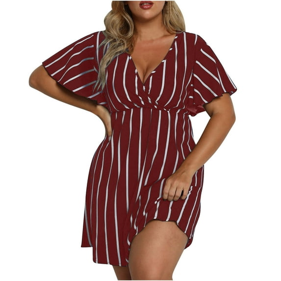 Sexy Plus Size Dresses for Women Stripes Wrap V Neck Large Bust Summer Short Sleeve Midi Dress Short
