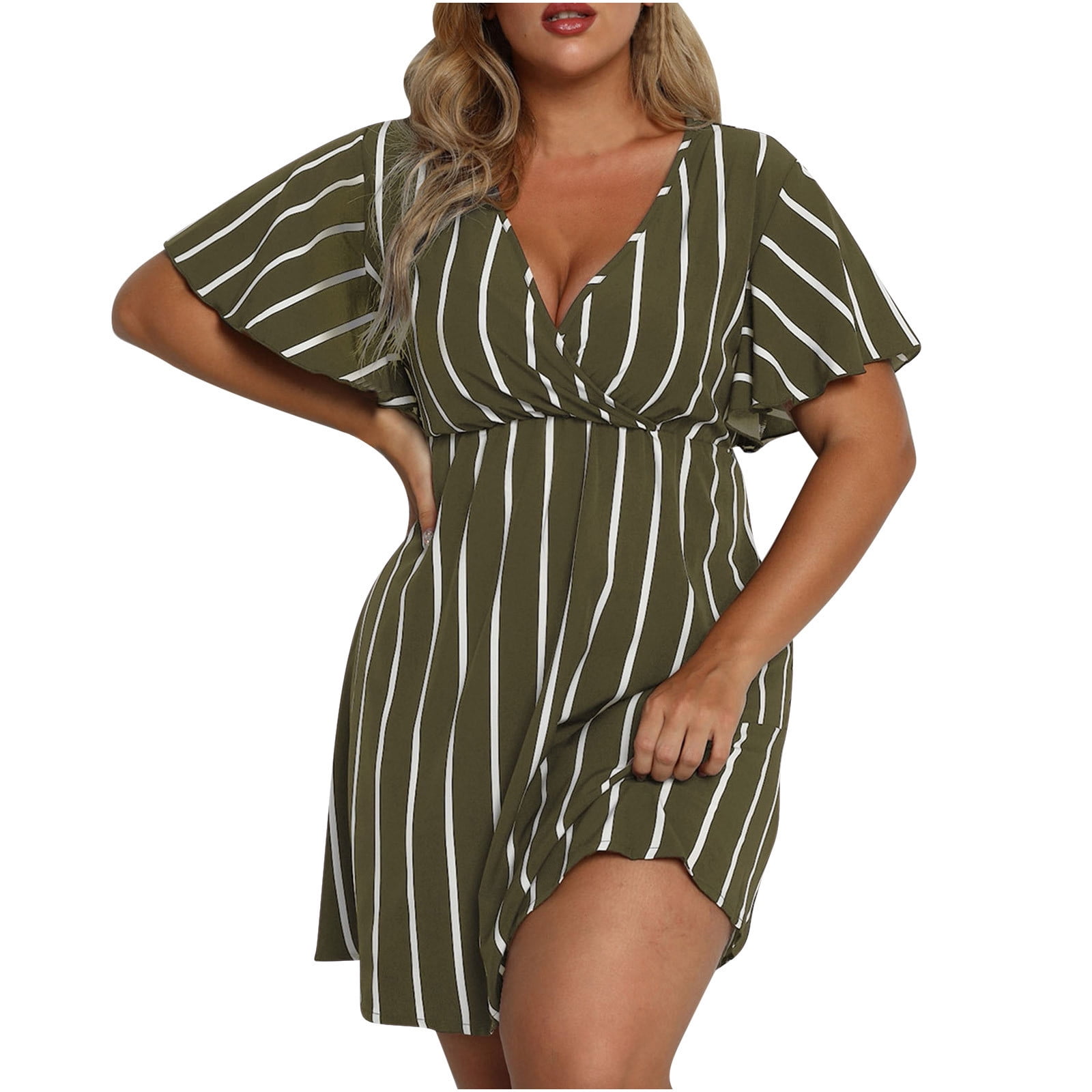 Sexy Plus Size Dresses for Women Stripes Wrap V Neck Large Bust Summer  Short Sleeve Midi Dress Short 
