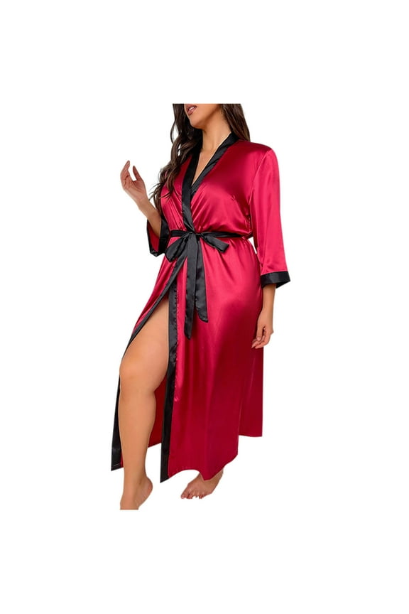Sexy Plus Size Robe for Women, Colorblock Long Silk Satin Robes Bathrobe Wedding Valentines Boudoir Sleepwear