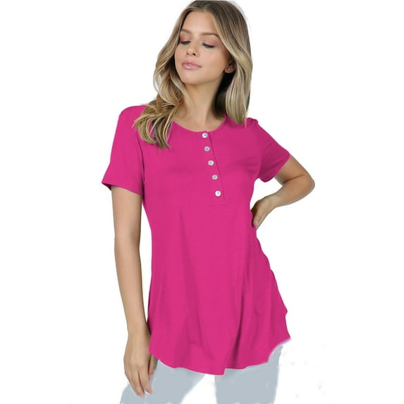 Sexy Plus Size Round Neck Button DownShort Sleeve Long Blouse Top