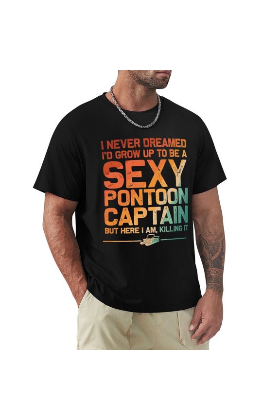 Sexy Pontoon Captain Fly Men's Cotton Short Sleeve HD Print Tee for Casual T-Shirt Crew Neck Top Black M