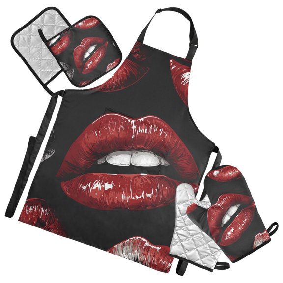 Sexy Red Lips Apron Set with Oven Mitts Pot Holders Set of 5 Kitchen Stuff Accessories