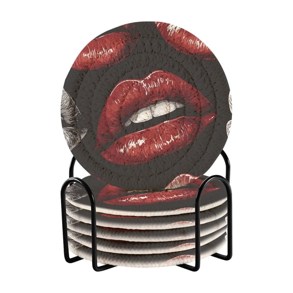 Sexy Red Lips Drinking Coasters Cup Mat with Holder for Kitchen Cafe Bar 6 Packs