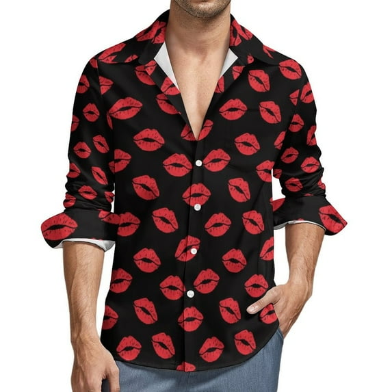 Sexy Red Lips Kiss Mens Long Sleeve Button Down Shirts, Casual Men's Button Up Shirt with Pocket