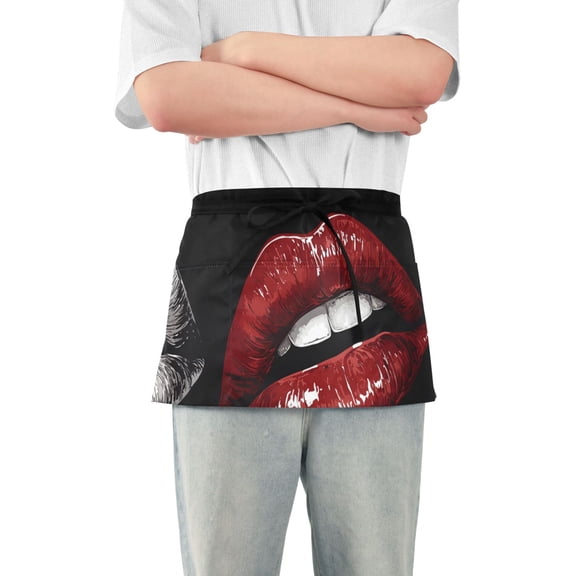 Sexy Red Lips Short Server Apron with 3 Pockets for Unisex Chef Gardening